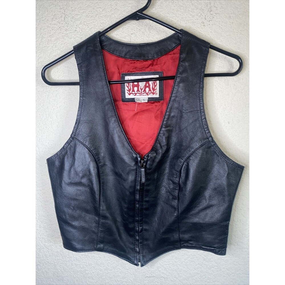 vintage Leather HA Zip vest womens goth sexy Biker L Grunge USA rock crop
